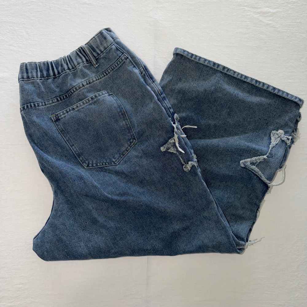 ROMWE Womens 4XL Star Cutout Distressed Wide Leg Jeans Y2K Baggy Blue Denim